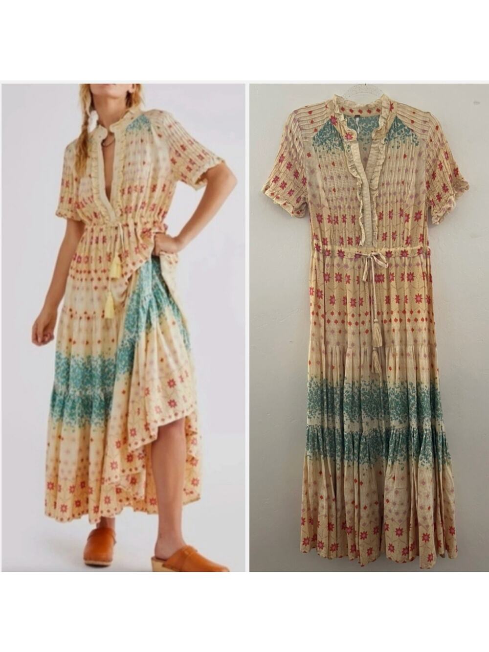 $148 Free People Rare Feeling Cloud Combo Printed Tiered Maxi Dress M